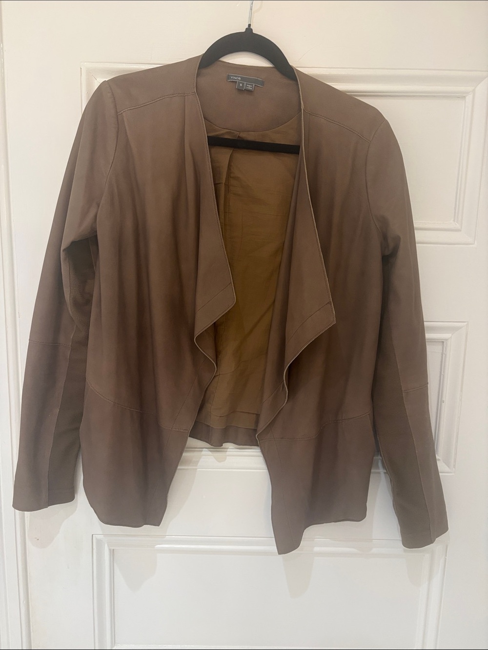 Vince Taupe Open-Front Draped Leather Jacket